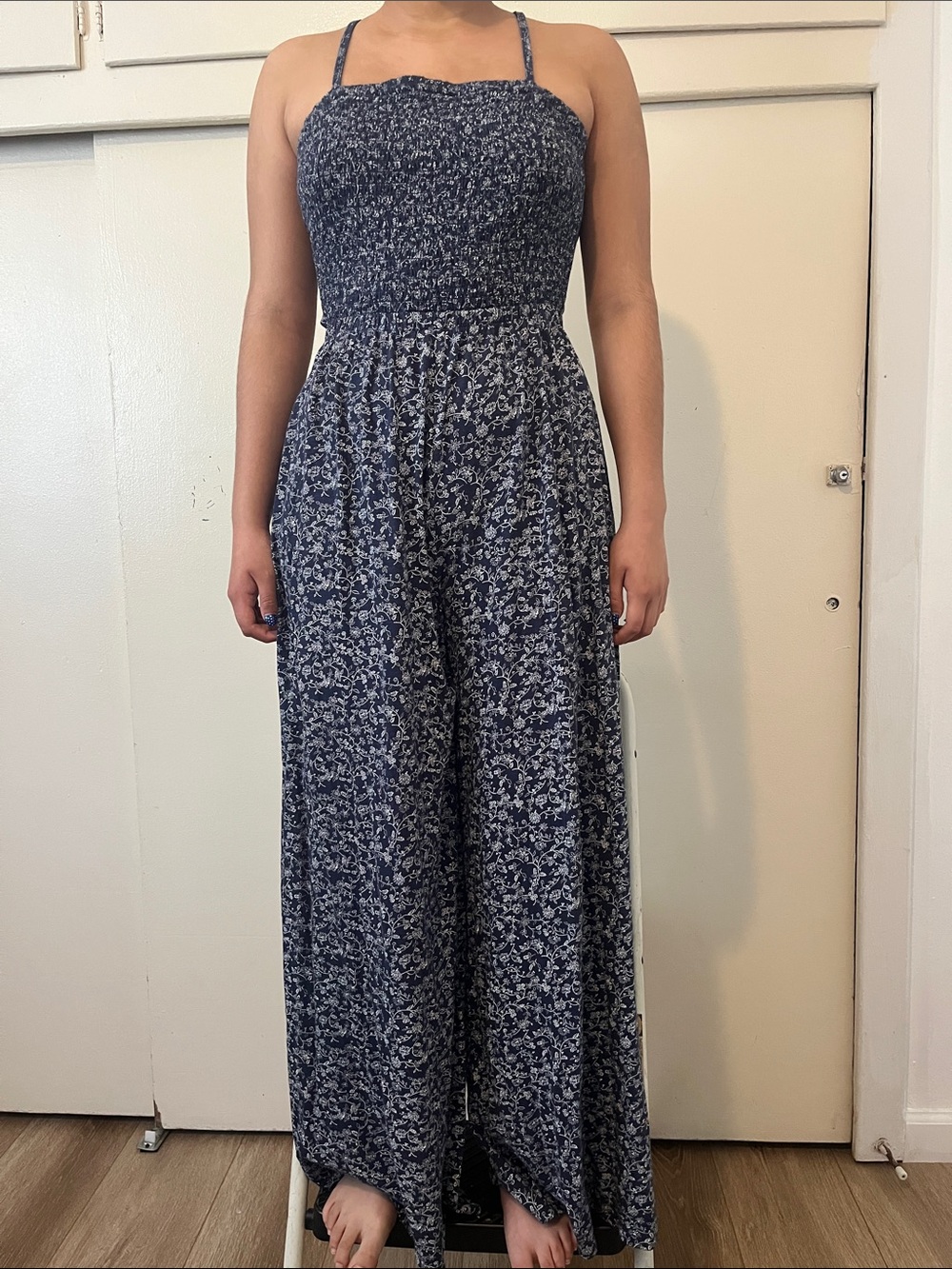 American Eagle Outfitters Navy Floral Smocked Wide-Leg Jumpsuit